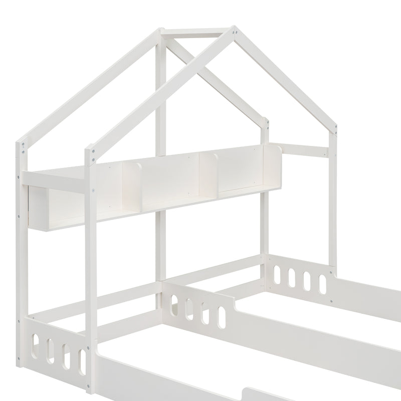 Wood Twin Size House Platform Beds,Two Shared Beds with Shelves and Guardrail, Creamy White