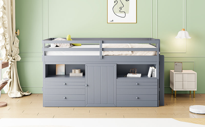 Twin Size Loft Bed with 4 Drawers, Underneath Cabinet and Shelves, Gray