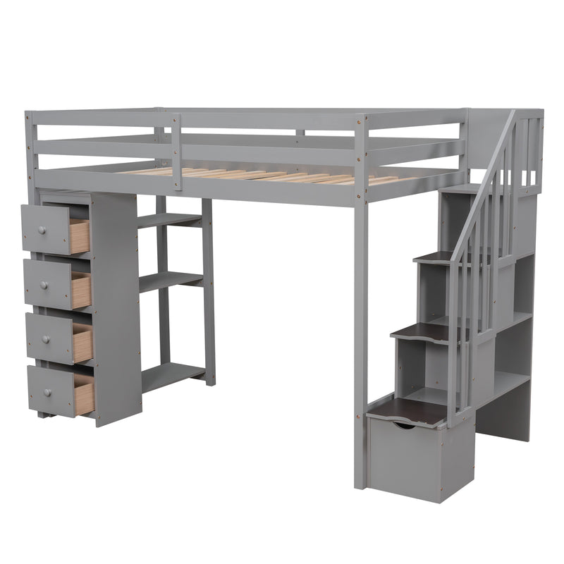 Twin size Loft Bed with Storage Drawers and Stairs, Wooden Loft Bed with Shelves - Gray