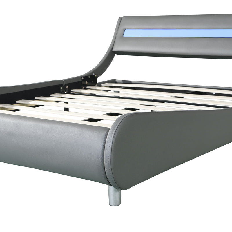 Queen Size Upholstered Platform Bed Frame With LED Lighting, Curve Design, Wood Slat Support, No Box Spring Needed - Gray