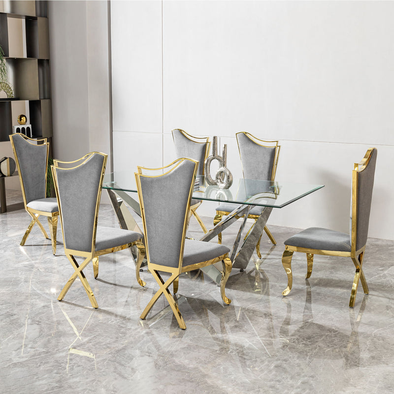 Clear Glass With Polished Stainless Steel Base Dining Table - Silver