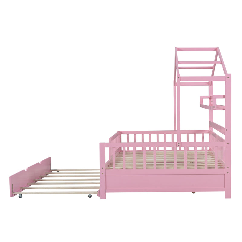 Wooden Full Size House Bed with Twin Size Trundle,Kids Bed with Shelf, Pink