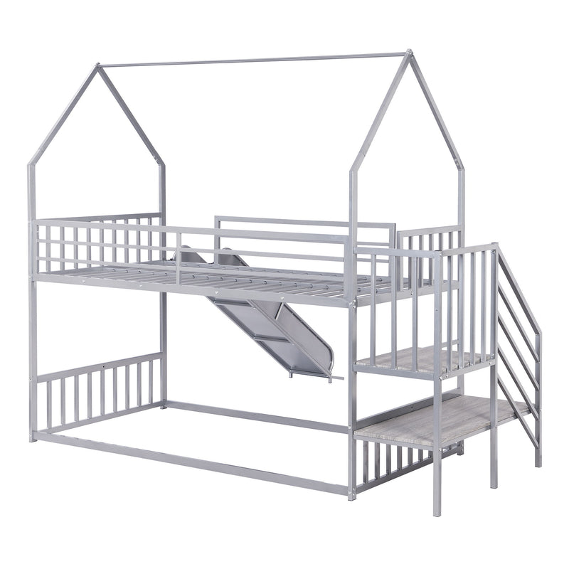 Twin Over Twin Metal Bunk Bed House Bed With Slide And Staircase