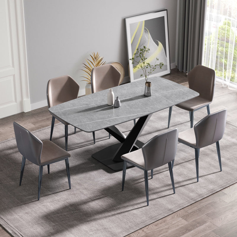 70.87" Modern Artificial Stone Gray Curved Black Metal Leg Dining Table, Can Accommodate 6-8 People - Gray / Black