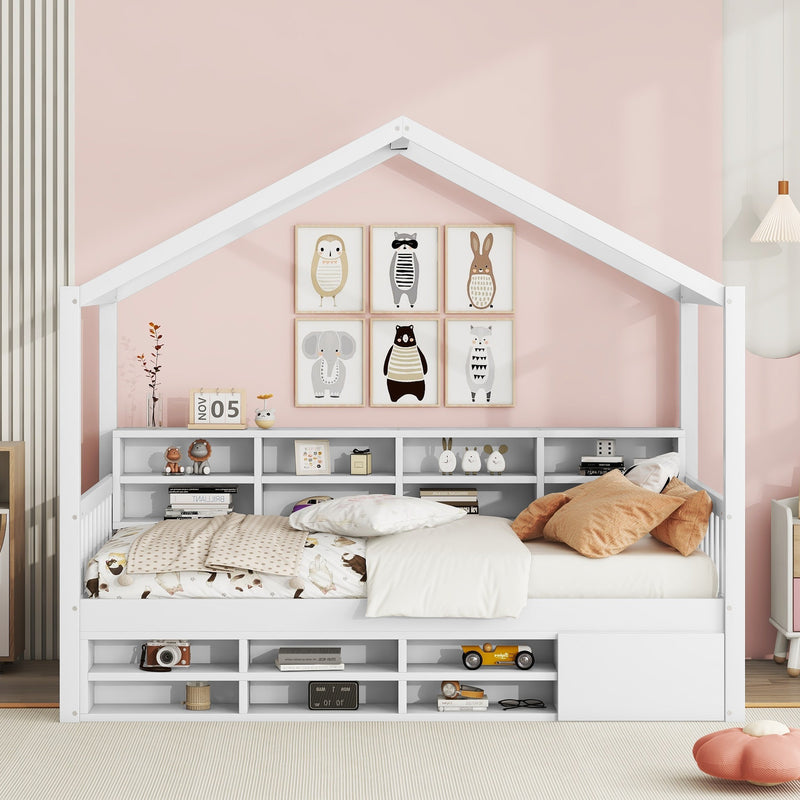 Twin Size Wooden House Bed with Shelves and a Mini-cabinet, White