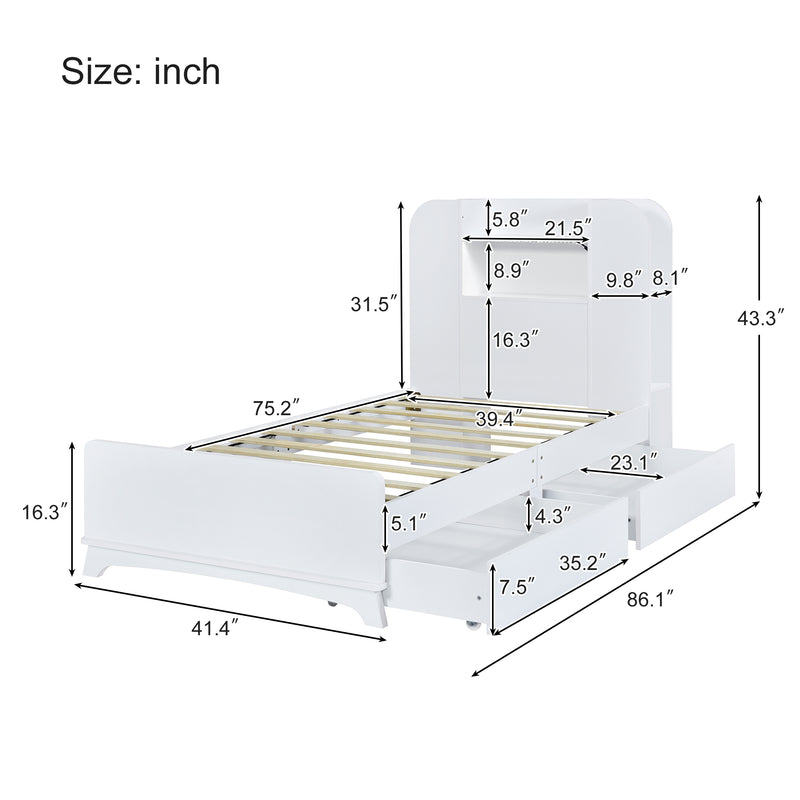 Twin Size Storage Platform Bed Frame with with Two Drawers and Light Strip Design in Headboard,White