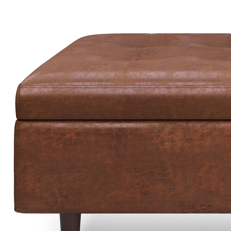 Shay - Mid Century Large Square Coffee Table Storage Ottoman - Distressed Saddle Brown