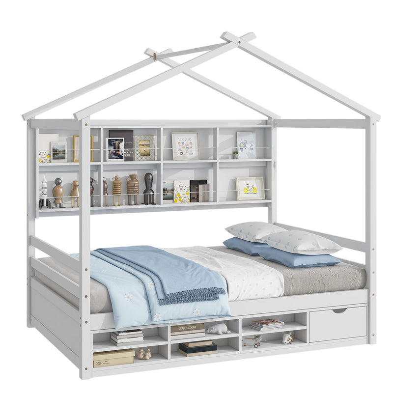 Full House Bed With Roof Frame, Bedside-Shelves, Under Bed Storage Unit - White