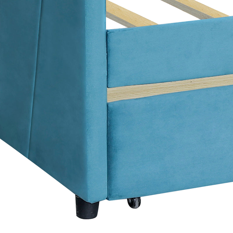 Twin Size Upholstered Daybed With Two Drawers And Wood Slat - Blue