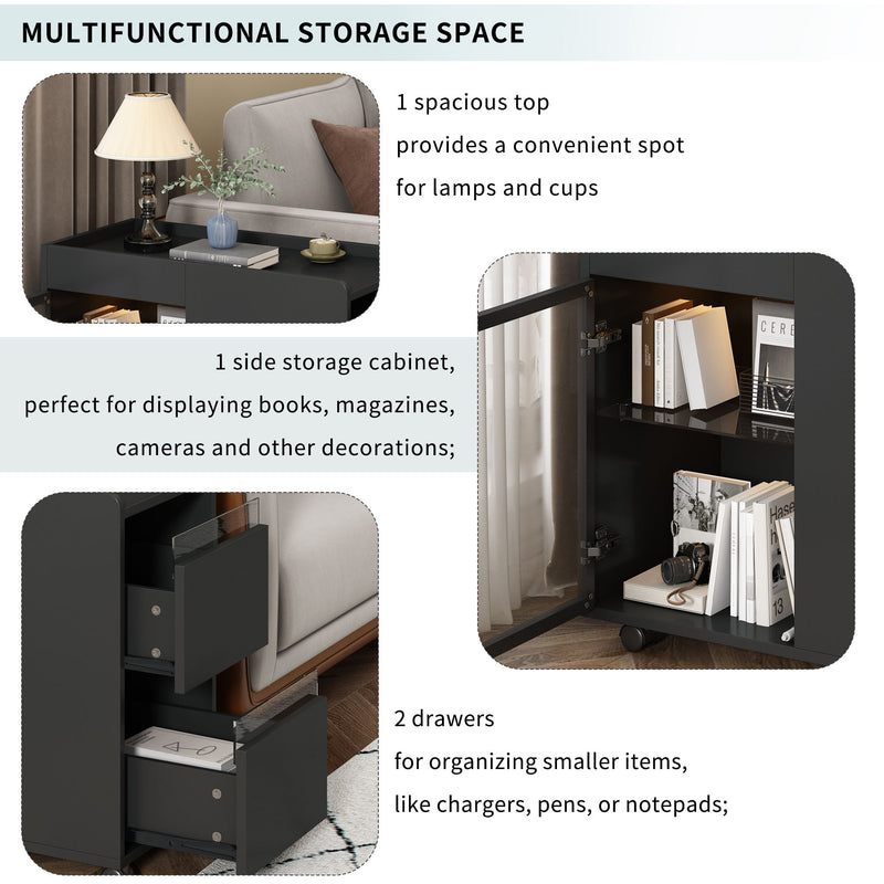 Modern End Table With Led Light And Wheels, Side Table With Transparent Brown Glass Door, 2 Storage Shelves And Drawers For Living Room