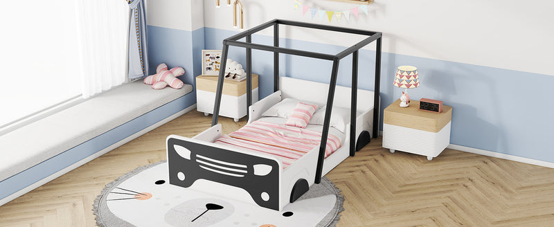 Twin Size Car-shaped Bed with Roof,Wooden Twin Floor Bed with wheels and door Design,Montessori Inspired Bedroom,Black