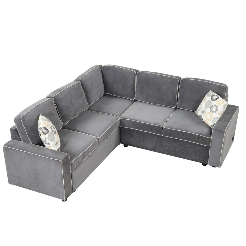 L-Shaped Pull Out Sofa Bed Modern Convertible Sleeper Sofa With 2 USB Ports, 2 Power Sockets And 3 Pillows For Living Room