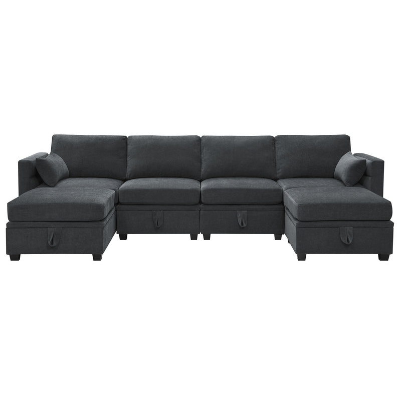 Chenille Modular Sectional Sofa, U Shaped Couch With Adjustable Armrests And Backrests, 6 Seat Reversible Sofa Bed With Storage Seats For Living Room, Apartment