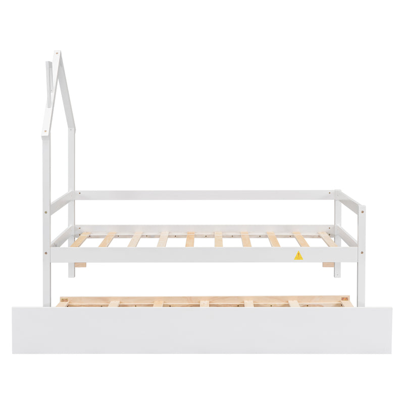 Twin House Wooden Daybed with trundle, Twin House-Shaped Headboard  bed with Guardrails,White