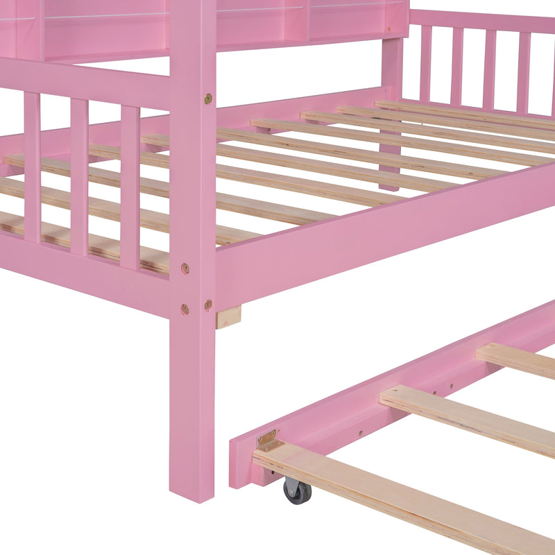 Wooden Twin Size House Bed with Trundle,Kids Bed with Shelf,Pink