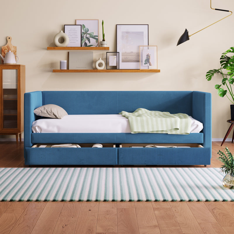 Twin Size Corduroy Daybed with Two Drawers and Wood Slat, Blue