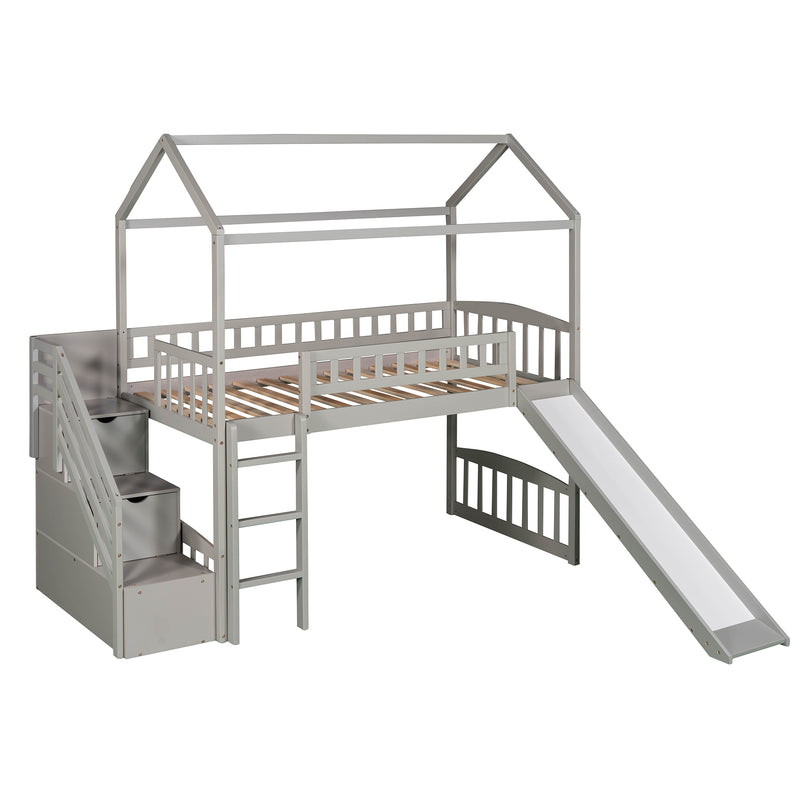 Twin Loft Bed with Two Drawers and Slide, House Bed with Slide, Gray (Old SKU: LP000130AAE)