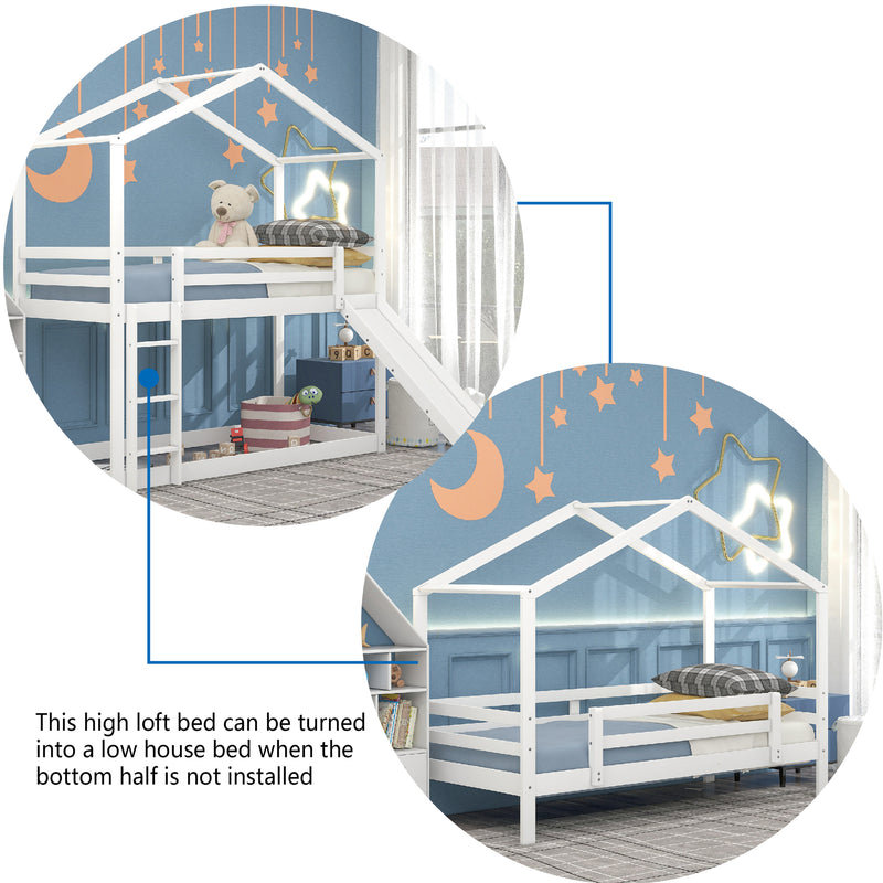 Twin Over Twin Bunk Bed with Roof, Slide and Ladder, White