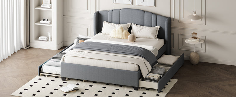 Upholstered Platform Bed with Wingback Headboard, One Twin Trundle and 2 Drawers, No Box Spring Needed, Linen Fabric, Queen Size Gray