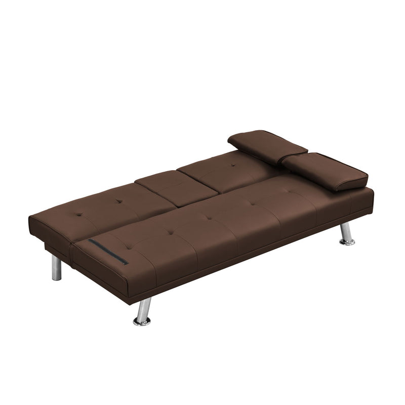 Futon Sofa Bed With Armrest Two Holders Wood Frame, Stainless Leg - Brown