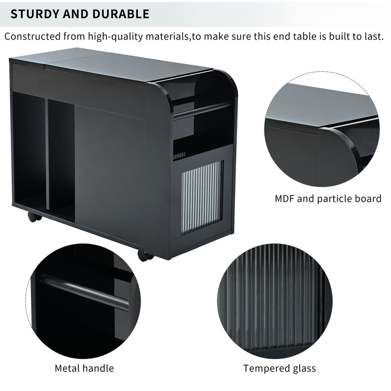 Multifunctional Extendable End Table With Wheels, Side Table With Tempered Glass Door, 2 Storage Shelves, 2 Drawers For Living Room