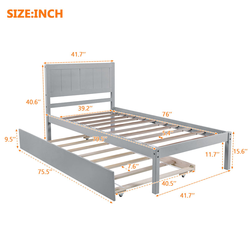 Twin Size Platform Bed With Trundle - Gray