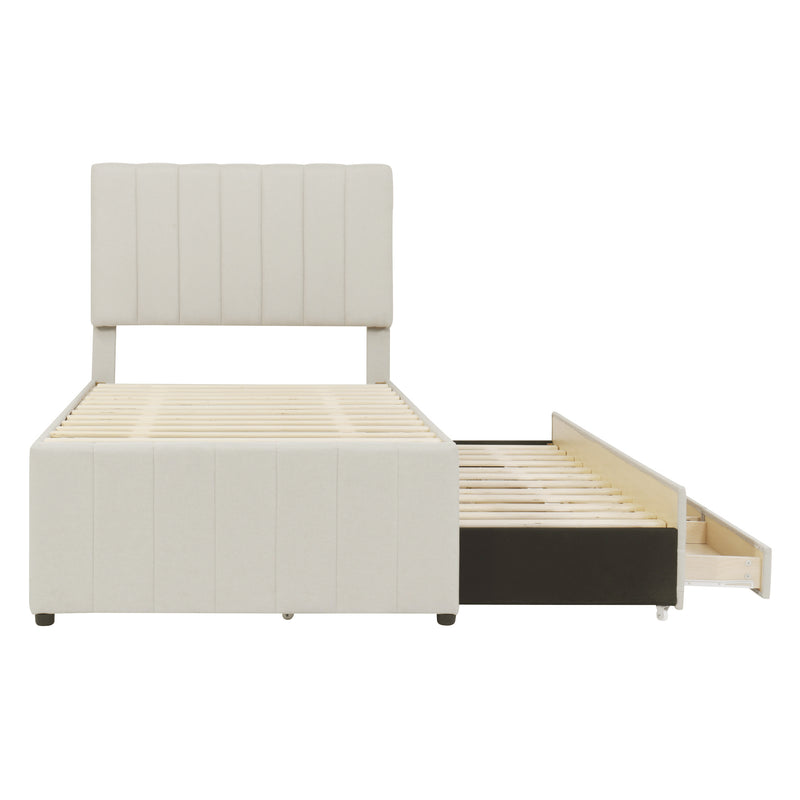 Twin Size Upholstered Platform Bed with Trundle and 3 Drawers, Linen Fabric, Beige