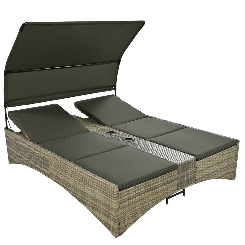 Patio Daybed Outdoor Daybed Sun Lounger With Shelter Roof With Adjustable Backrest, Storage Box And 2 Cup Holders For Patio, Balcony, Poolside