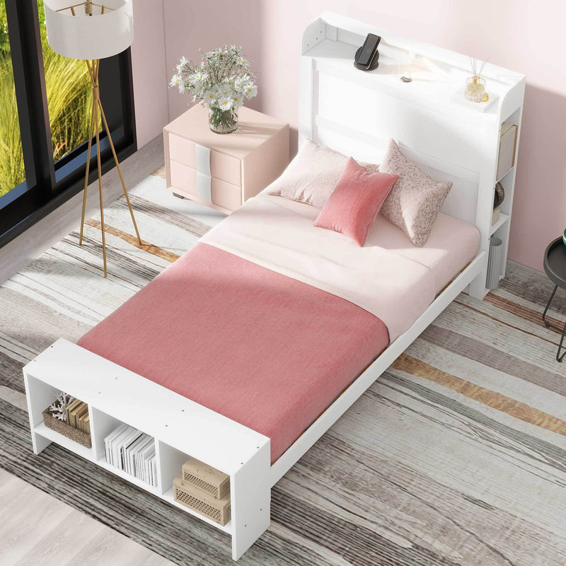 Twin Size Platform Bed with built-in shelves, LED Light and USB ports, White