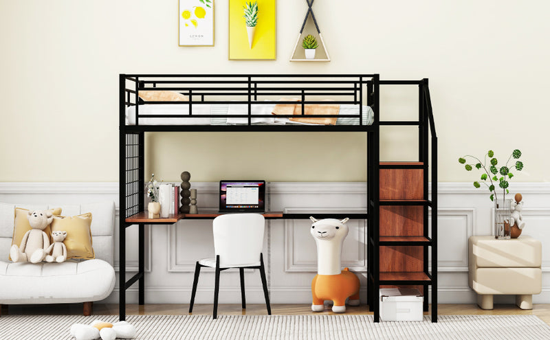 Twin Size Metal Loft Bed with Desk and Metal Grid, Stylish Metal Frame Bed with Lateral Storage Ladder and Wardrobe, Black