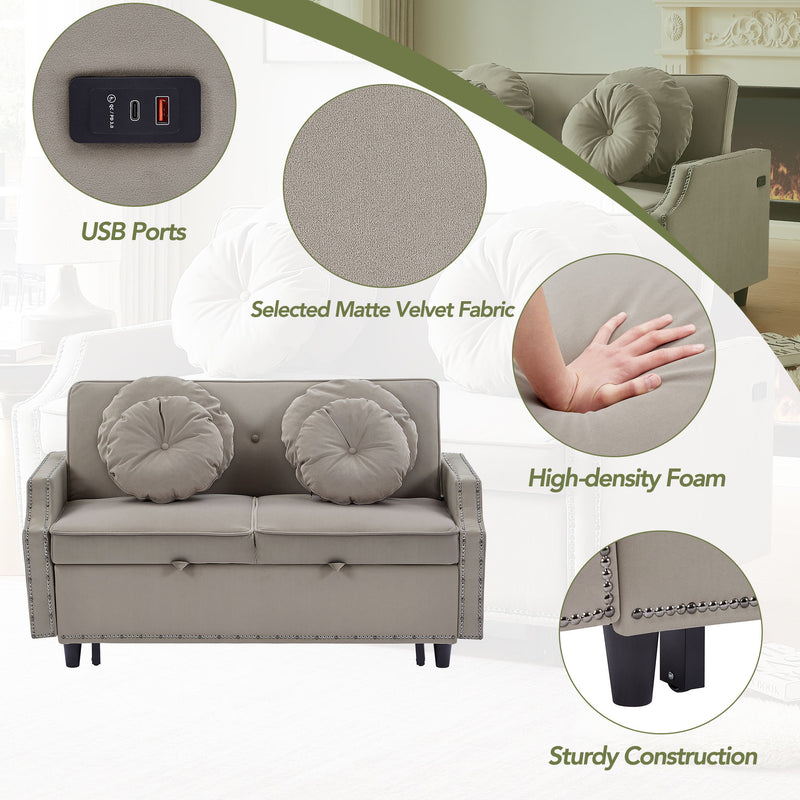 Multiple Adjustable Positions Sofa Bed Stylish Sofa Bed With A Button Tufted Backrest, Two USB Ports And Four Floral Lumbar Pillows For Living Room, Bedroom, Or Small Space