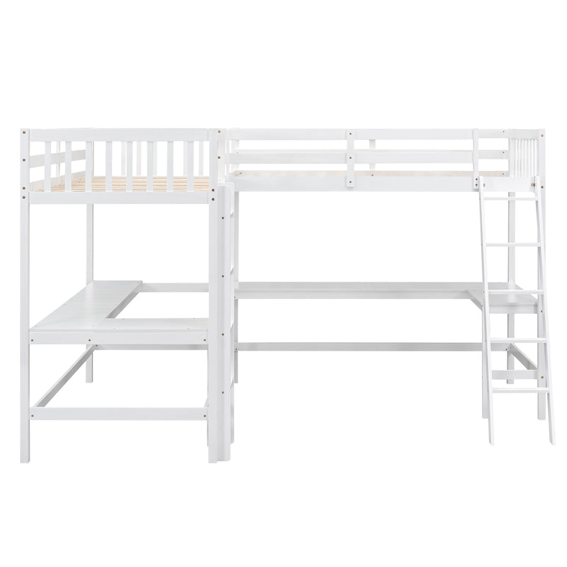 Wood Twin Size L-Shaped Loft Bed with Ladder and 2 Built-in L-Shaped Desks, White