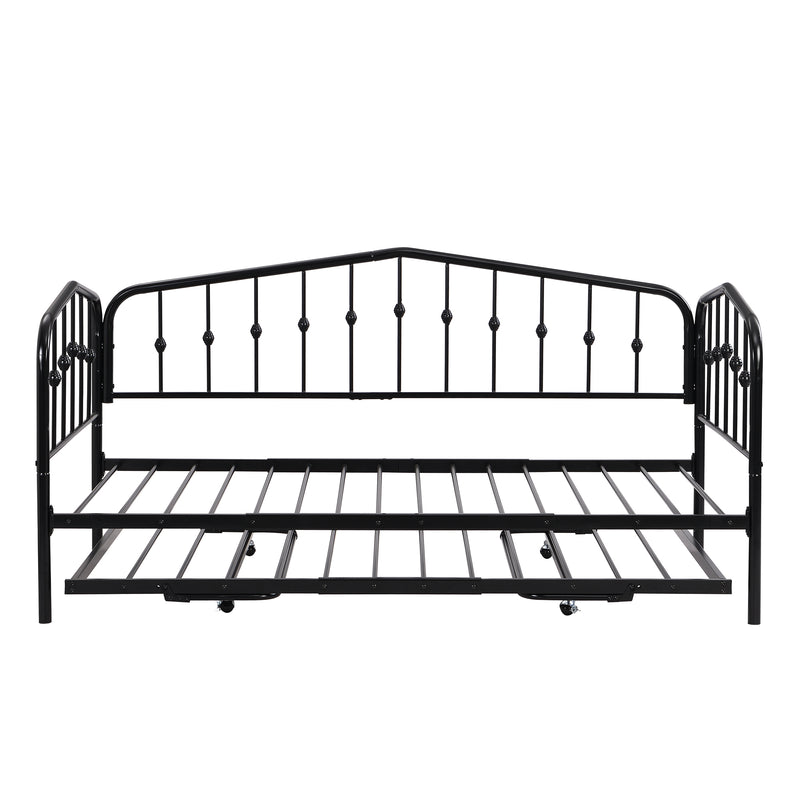 Twin Size Stylish Metal Daybed with Twin Size Adjustable Trundle, Portable Folding Trundle, Black