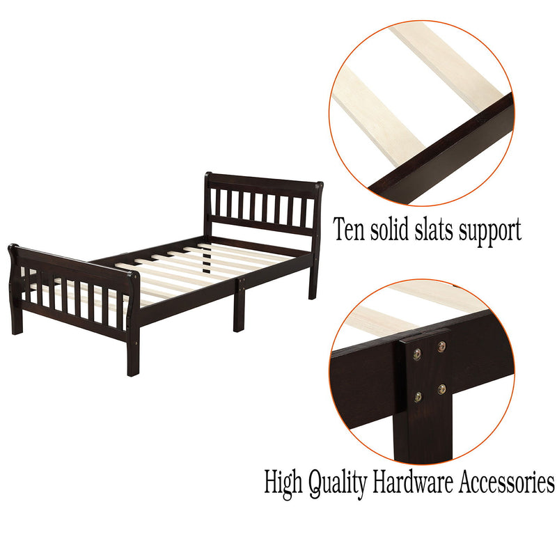 Twin Platform Bed Frame Panel Bed Mattress Foundation Sleigh Bed With Headboard / Footboard / Wood Slat Support - Espresso