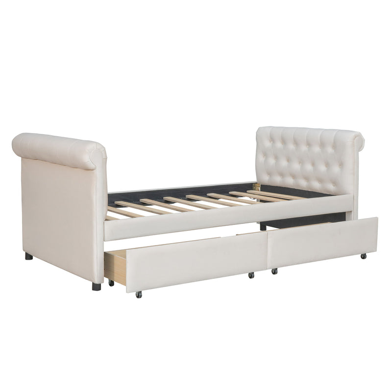 Twin Size Upholstered Daybed With Drawers, Wood Slat Support - Beige