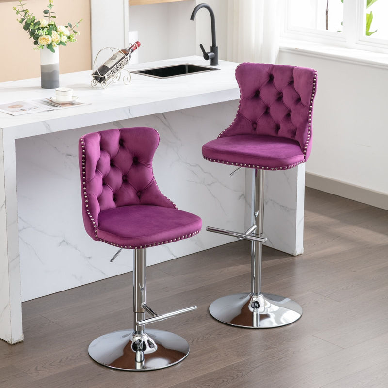 Swivel Velvet Barstools Adjusatble Seat Height From 25-33", Modern Upholstered Chrome Base Bar Stools With Backs Comfortable Tufted For Home Pub And Kitchen Island (Set of 2)