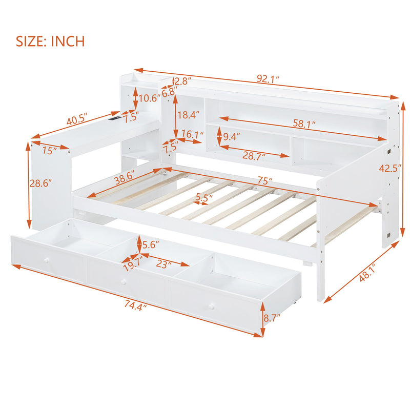 Twin Size Wooden Daybed With 3 Drawers, USB Ports And Desk - White