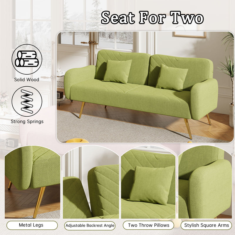 Fabric Double Sofa With Split Backrest And Two Throw Pillows, Suitable For Living Room, Apartment, Home Office - Green