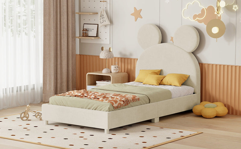 Twin Size Upholstered Platform Bed with Bear Ear Shaped Headboard, Beige