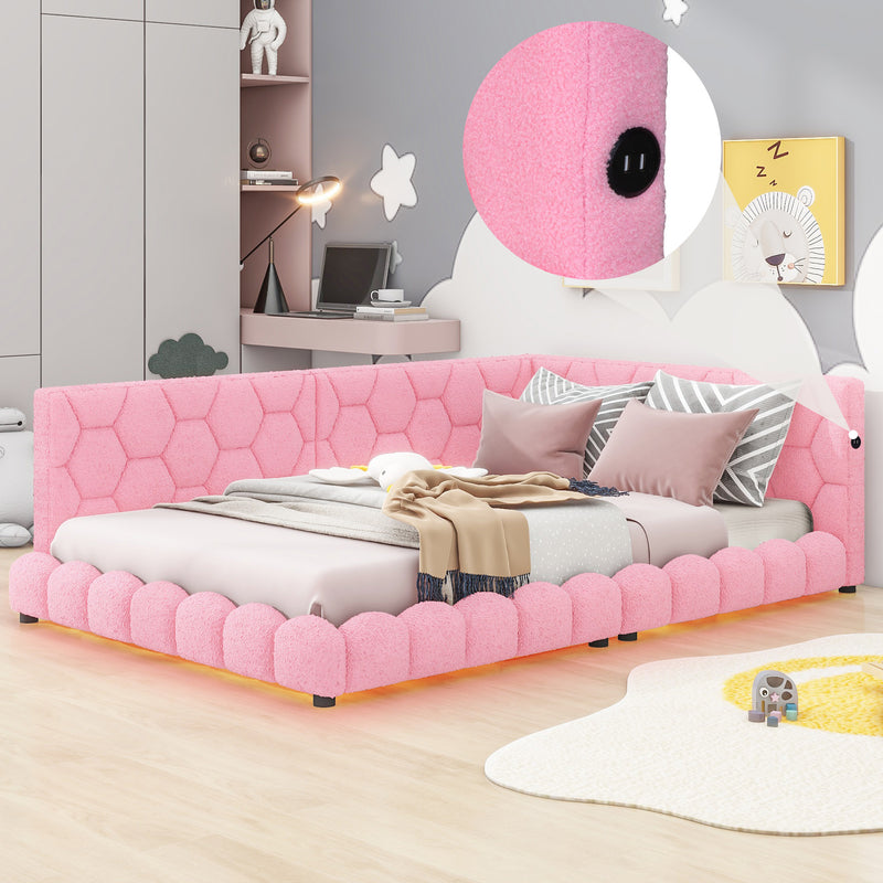 Upholstered Full Size platform bed with USB Ports and LED belt, Pink