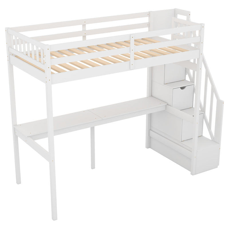 Twin Size Loft Bed with Storage Staircase and Built-in Desk, White (Old SKU:GX000903AAK)