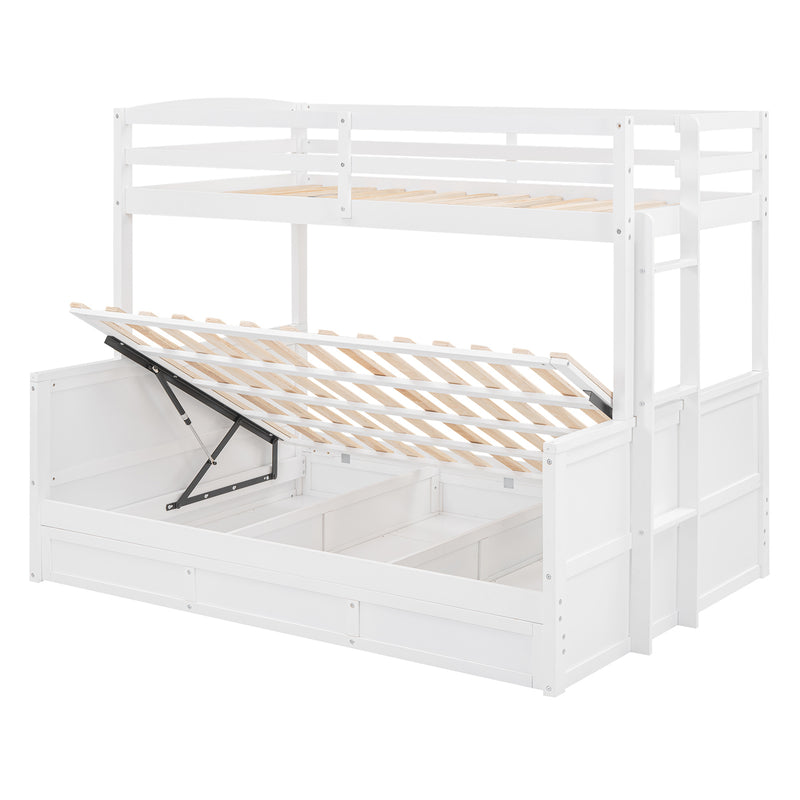 Wood Twin over Full Bunk Bed with Hydraulic Lift Up Storage, White