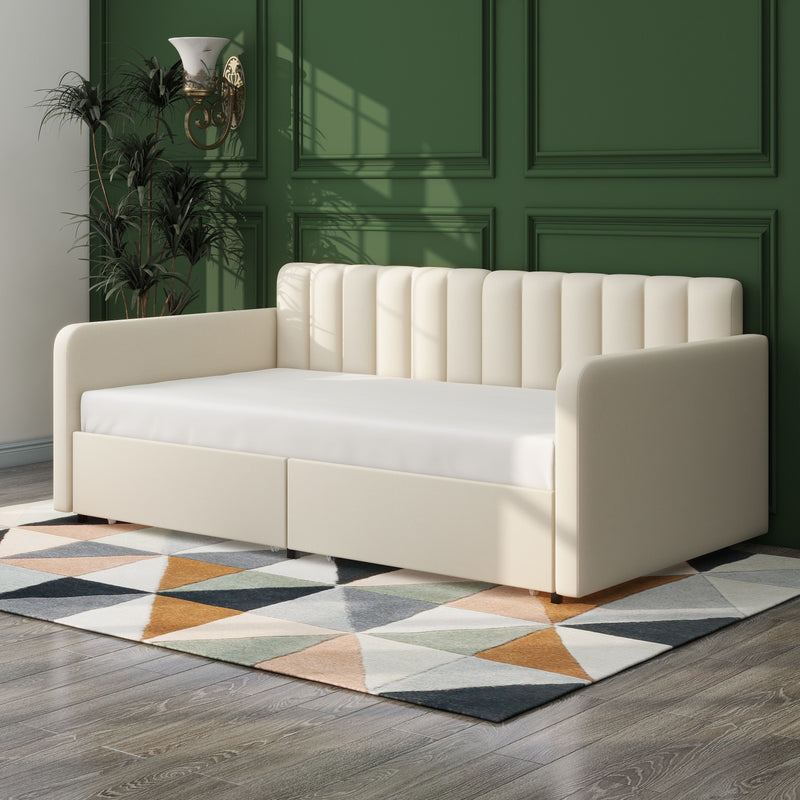 Flora - Upholstered Daybed With 2 Drawers Ribbed Tufted Backrest in Lavish Modern Design