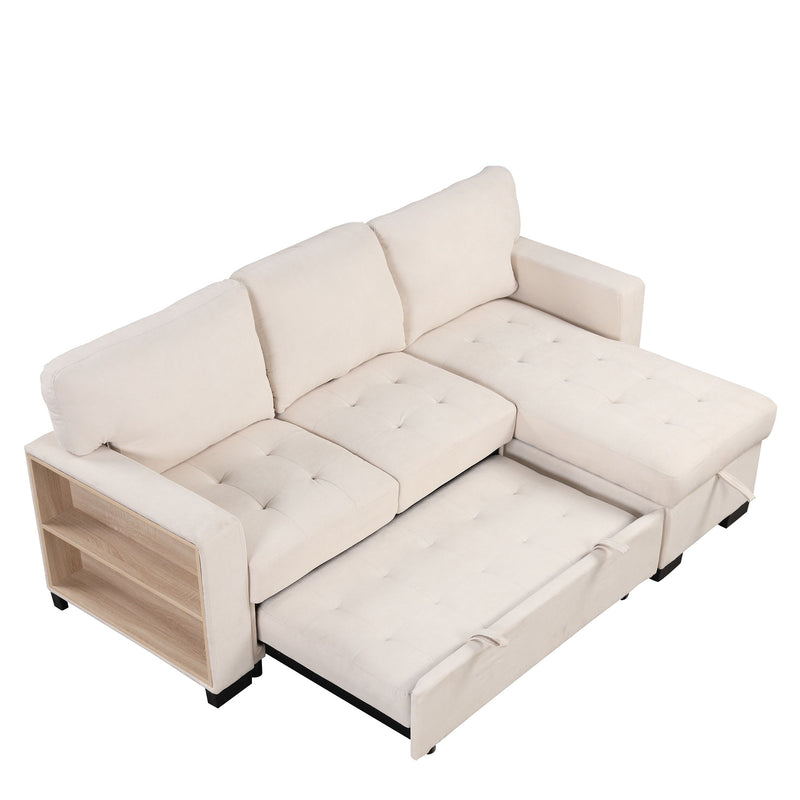 Stylish And Functional Light Chaise Lounge Sectional With Storage Rack Pull-Out Bed Drop Down Table And USB Charger