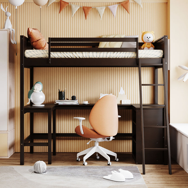 Twin size Loft Bed with Shelves and Desk, Wooden Loft Bed with Desk - Espresso(OLD SKU:LT000537AAP)