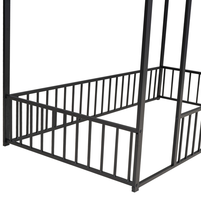 Twin Size Metal Bed House Bed Frame with Fence, for Kids, Teens, Girls, Boys, Black