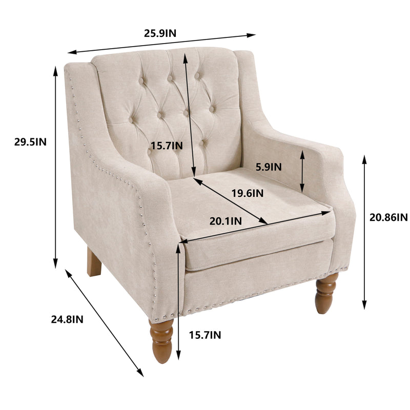 Accent Chair, Living Room Chair, Footrest Chair Set With Vintage Brass Studs, Button Tufted Upholstered Armchair For Living Room, Comfy Reading Chair For Bedroom, Reception Room