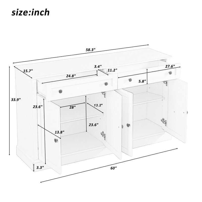 Kitchen Sideboard Storage Buffet Cabinet With 2 Drawers & 4 Doors Adjustable Shelves For Dining Room, Living Room - White