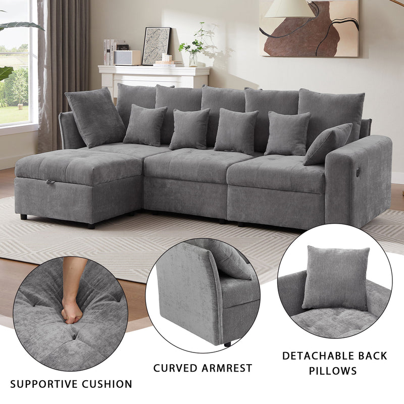 Sectional Sofa Modular Sofa Couch With Three USB Ports, A Removable Storage Ottoman And Five Back Pillows For Living Room