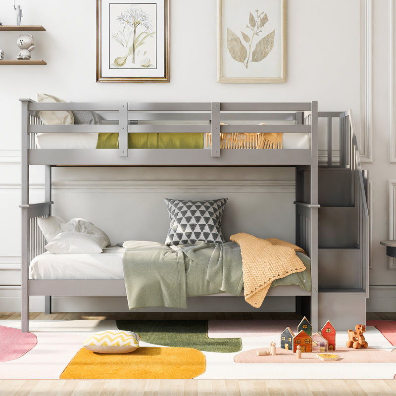 Stairway Twin-Over-Twin Bunk Bed with Storage and Guard Rail for Bedroom, Dorm, Gray color(OLD SKU :LP000109AAE)